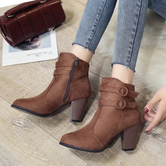 Valenzora | Women's suede ankle boots with double-stitch closure, high block heel, zipper