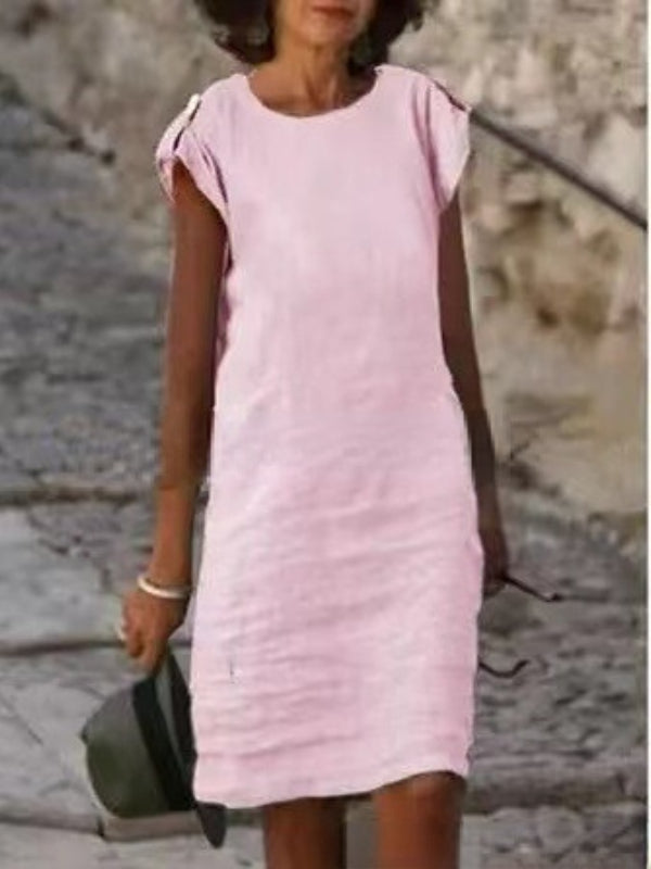Valenzora | Damen-Midikleid aus farbenfroher Baumwoll-Leinen-Mischung, ärmellos mit Rundhalsausschnitt