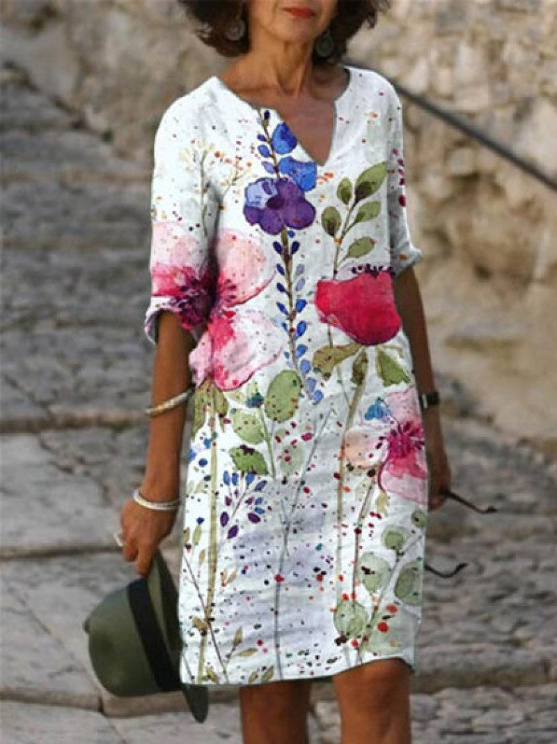 Valenzora | Charming linen dress with floral print