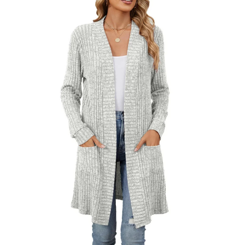 Valenzora | Long Women's Ribbed Open Front Cardigan with Pockets