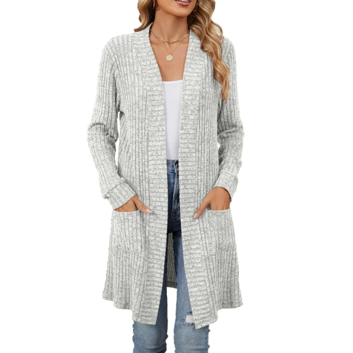 Valenzora | Long Women's Ribbed Open Front Cardigan with Pockets