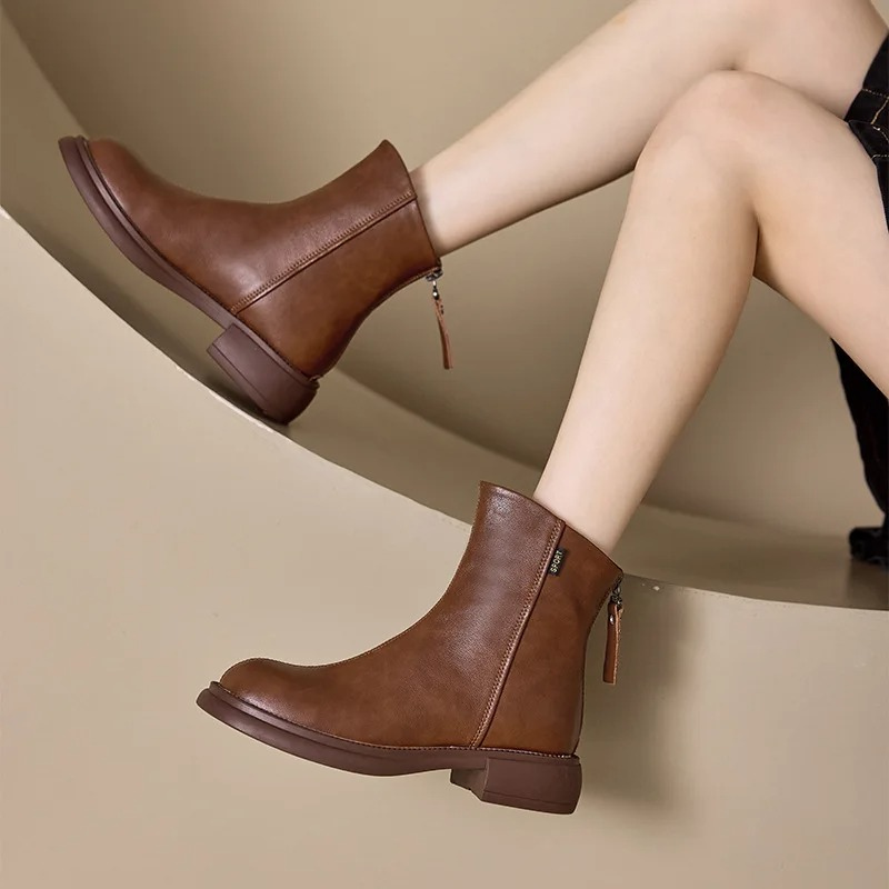 Valenzora | Women's Leather Ankle Boots with Back Zipper and Low Heel