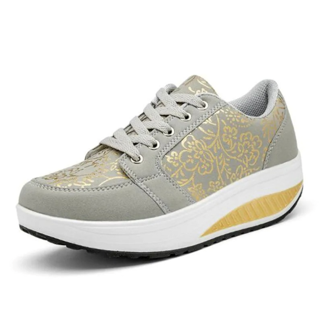 Valenzora | Black Leather Orthopedic Women's Sneakers with Floral Pattern