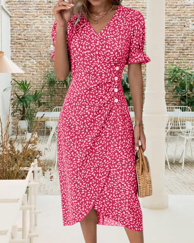 Valenzora - Chic wrap midi dress with floral pattern and button detail | Elegant dress with V-neck and floral print
