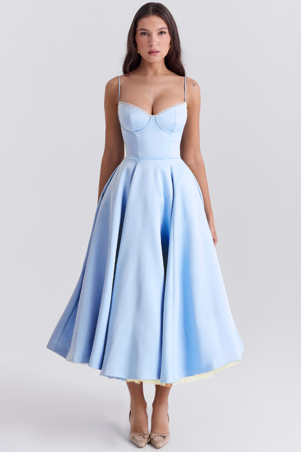 Valenzora | A-line Midi Dress Spaghetti Straps Lace Detail Elegant Formal Wear