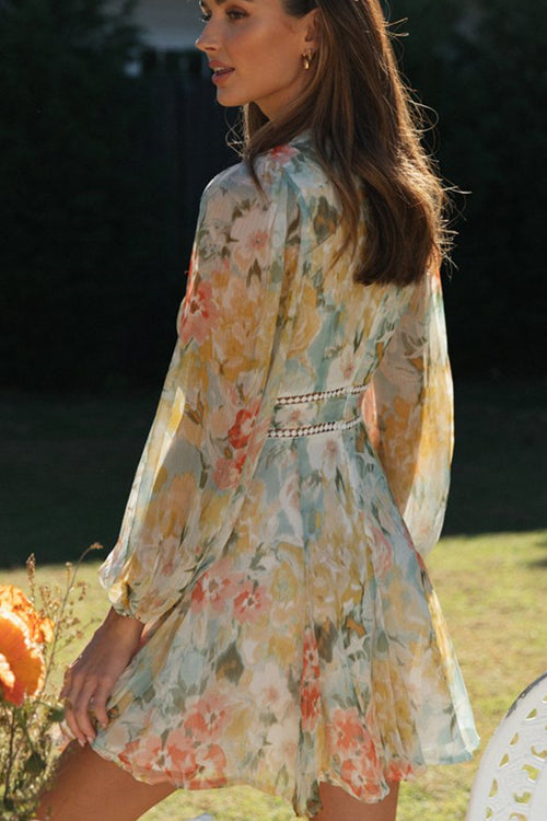 Valenzora | Radiant Sweet Long Sleeve Floral Pattern Mini Dress
