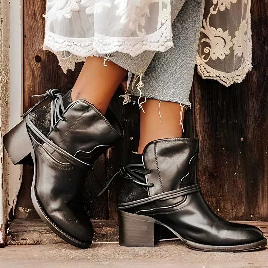 Valenzora | Western-Stiefeletten für Damen mit Wickelschnürung, gewaschenem Leder, klobigem Absatz