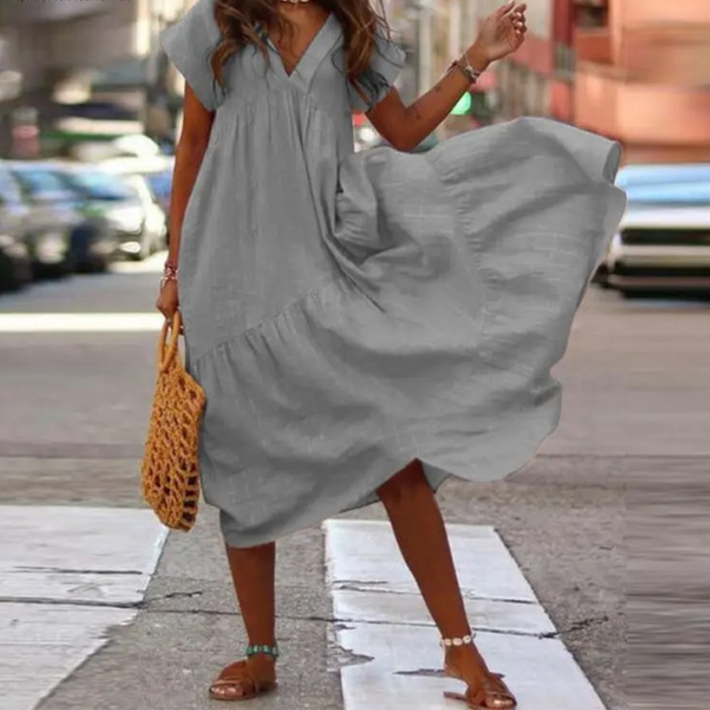 Valenzora – Maxi-style shirt dress with V-neck and ruffles
