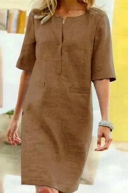 Valenzora | Straight dress with short sleeves made of cotton and linen