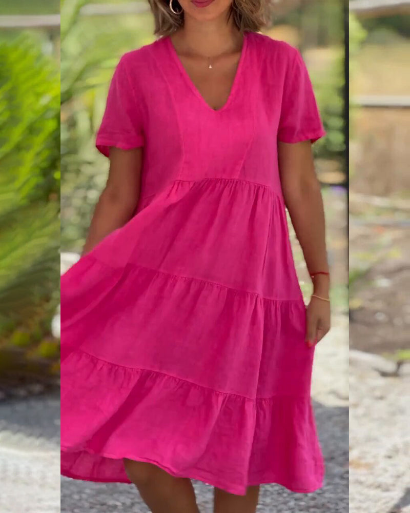 Valenzora | Plain cotton-linen dress with V-neck