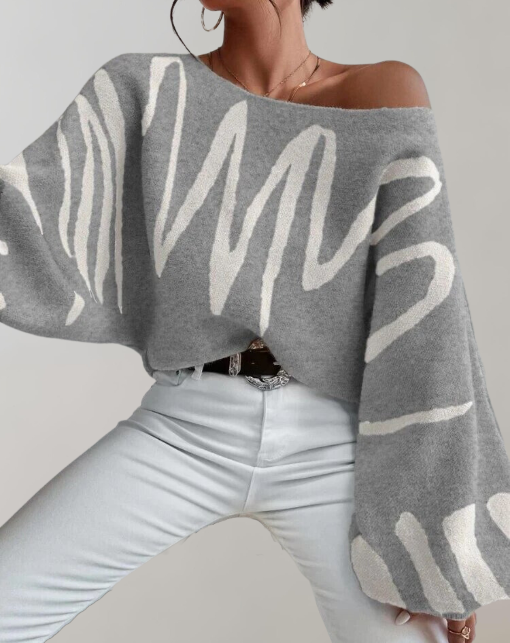 Valenzora - Print Lantern Sleeve Off-Shoulder
