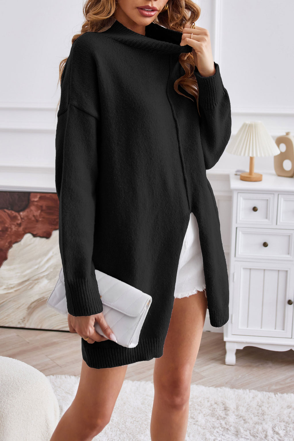 Valenzora Half-Turtleneck mid-length slit sweater