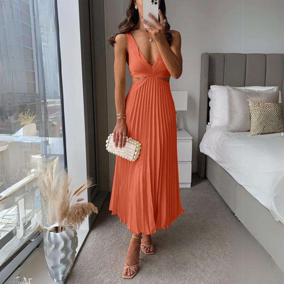 Valenzora | Midi Dress Sleeveless V-neck Twist Front & Cut Out Detail Pleated Skirt