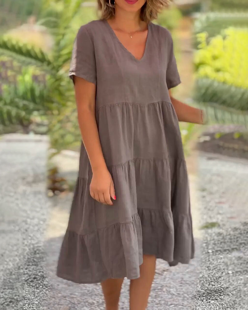 Valenzora | Plain cotton-linen dress with V-neck