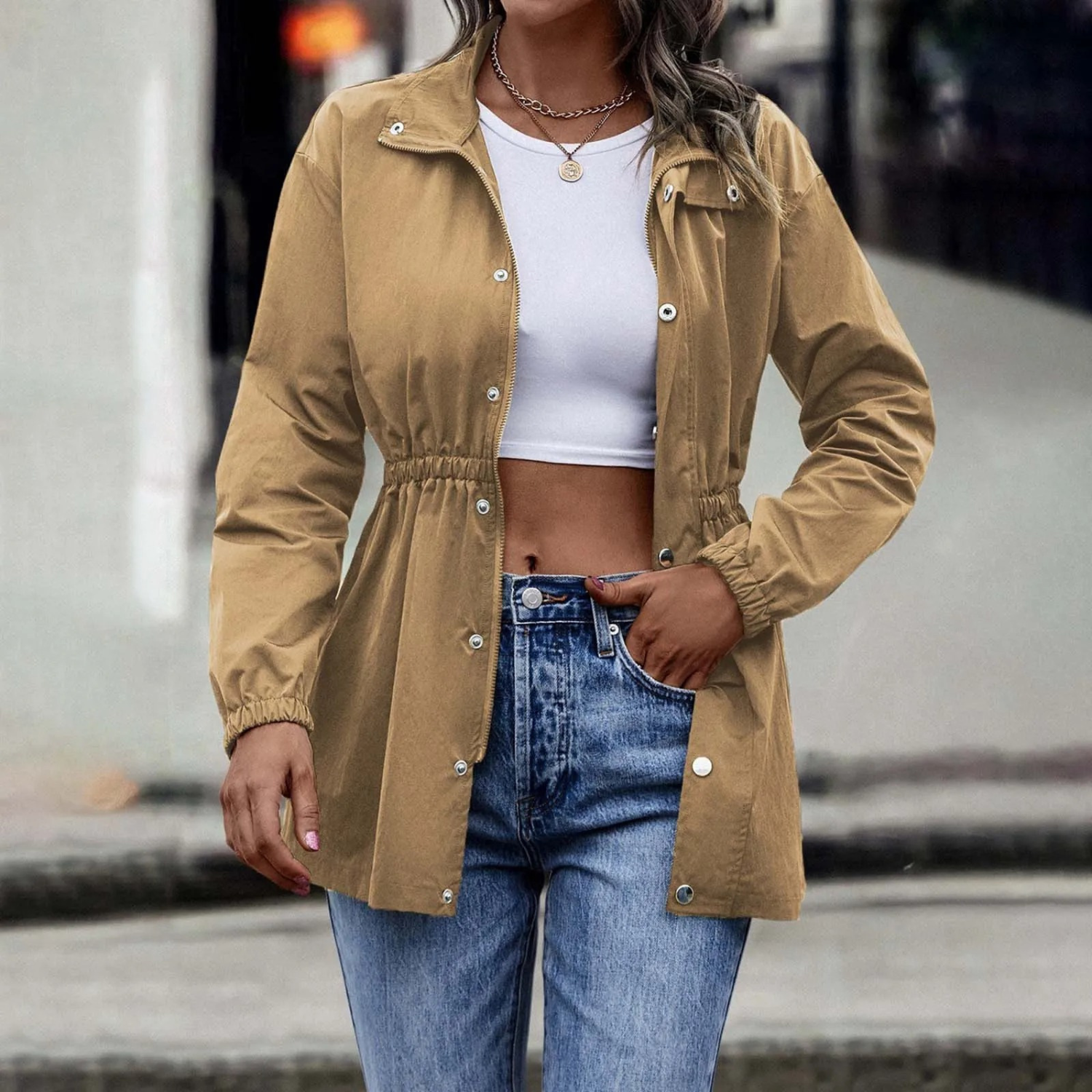 Valenzora - Women's khaki casual drawstring jacket