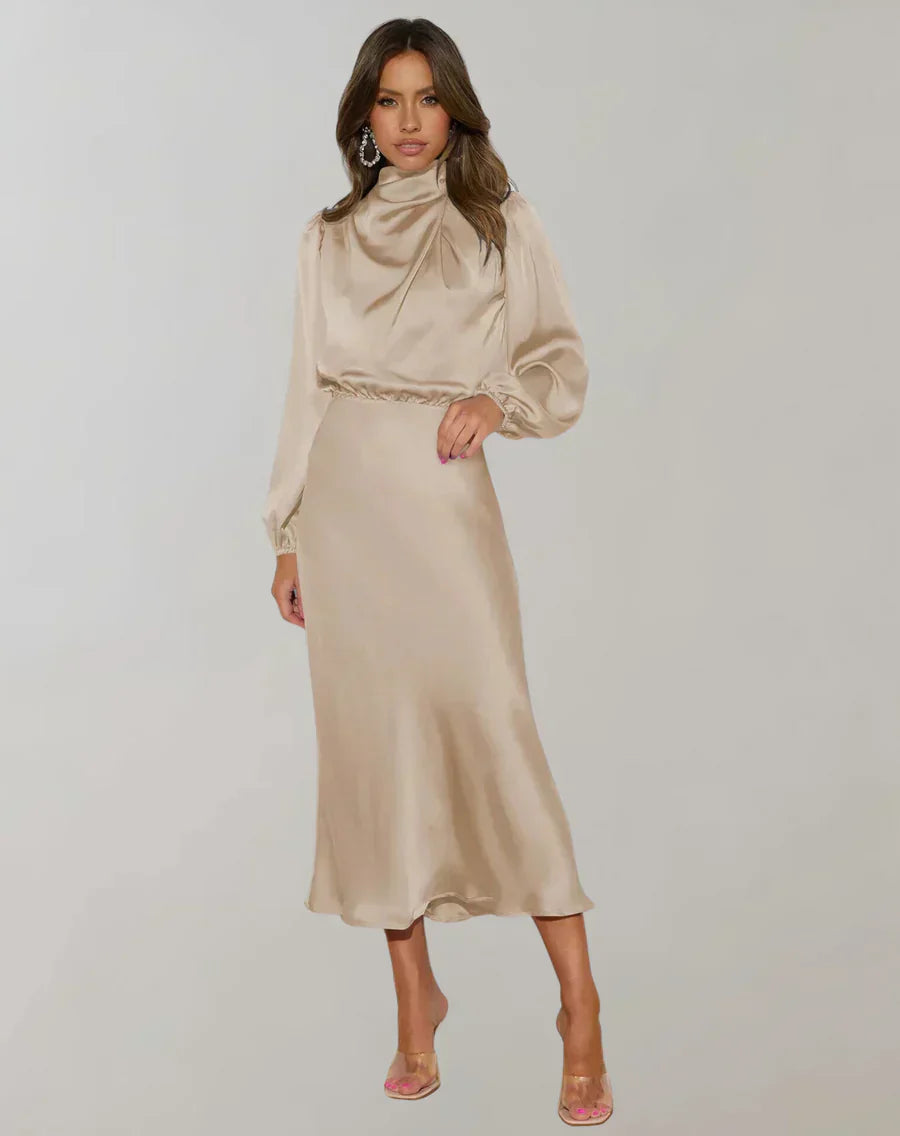 Valenzora | Classic Satin Dress with High Collar and Long Sleeves for Women