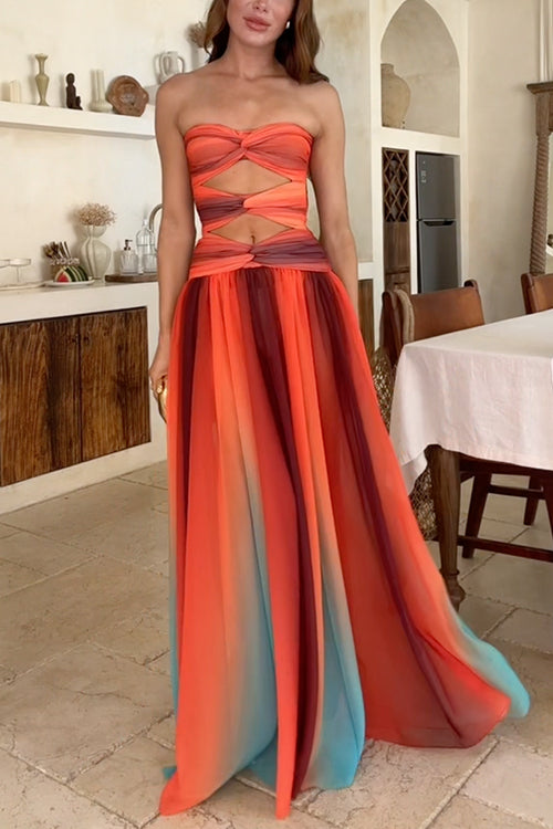 Valenzora | Strapless Twist Front Cut Out Coloured Mesh Maxi Dress