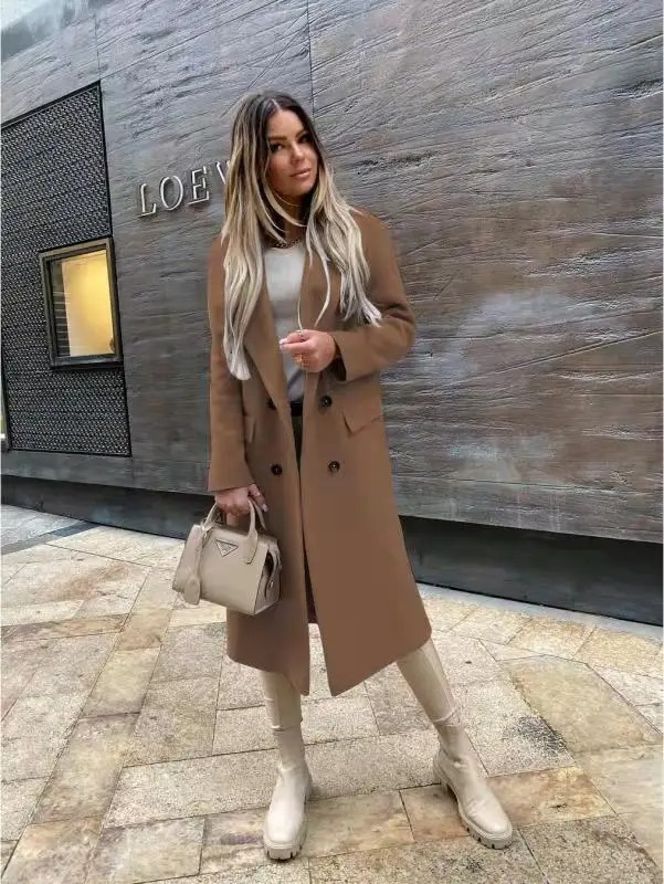 Valenzora | Damen-Zweireiher-Mantel, klassischer eleganter langer Mantel