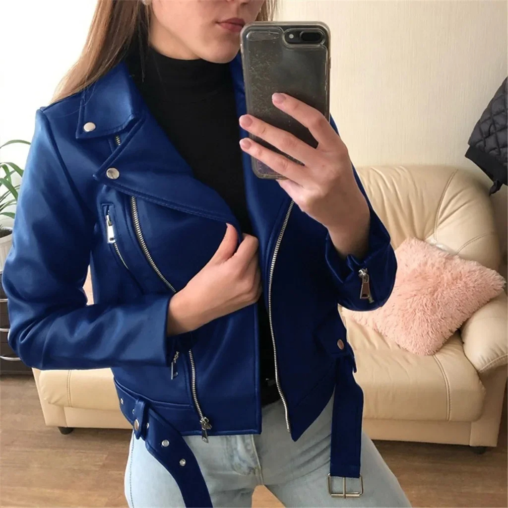 Valenzora | Women's Leather Biker Jacket with Zippers and Waist Belt