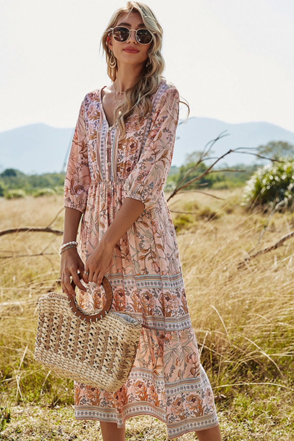 Valenzora | High-waisted V-neck Boho beach dress