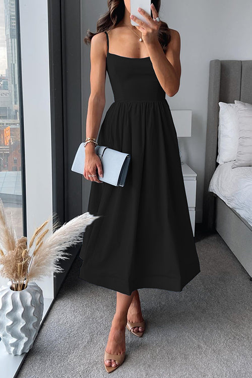 Valenzora | Midi dress, spaghetti straps, square neckline, flared skirt, elegant fit