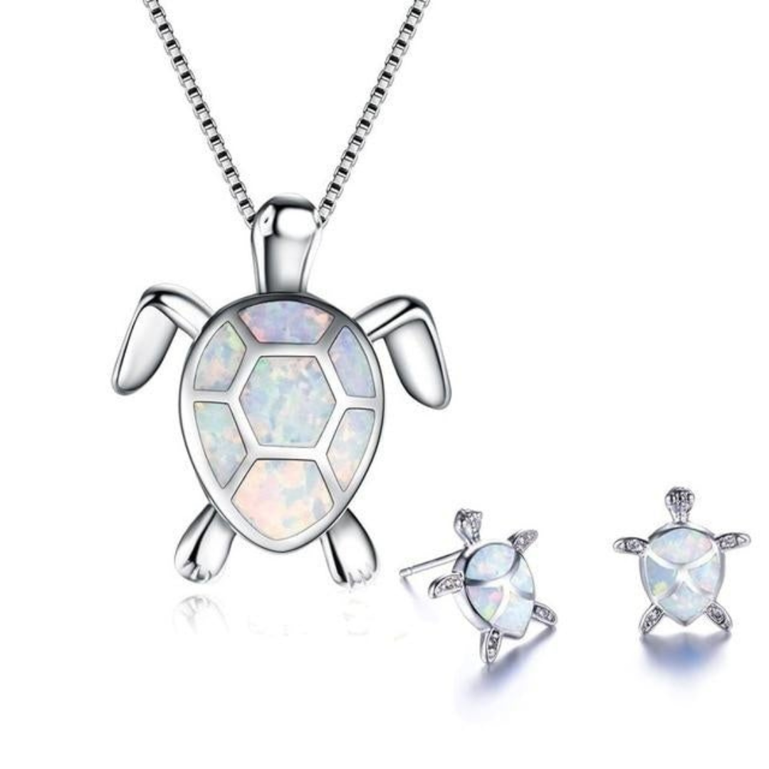 Valenzora | Turtle Necklace + Earrings in Opal and Silver