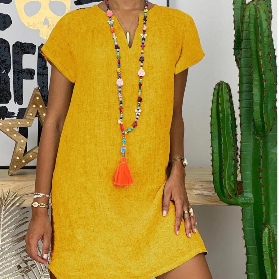Valenzora | Chic linen midi dress with V-neck for women