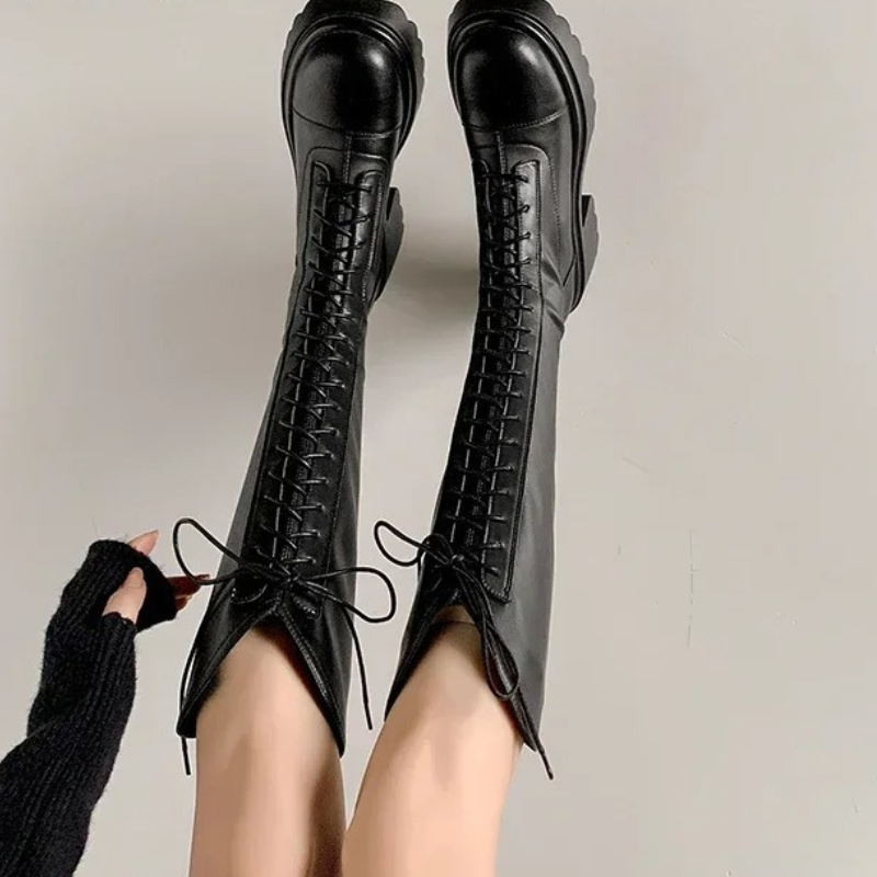 Valenzora | High Boots Damen Stiefel mit Schnürung und stabilem Absatz