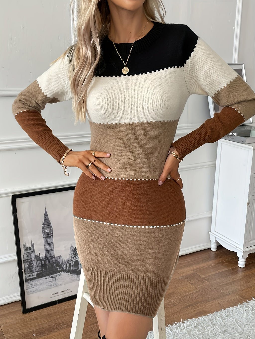 Valenzora | Chic autumn color block long-sleeved dress for women