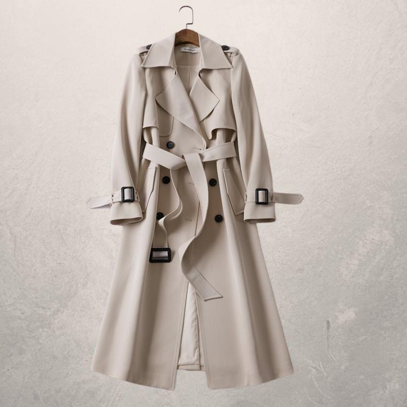 Valenzora | Langer Trenchcoat, klassischer Schnitt, zweireihig mit Gürtel und Sturmklappe