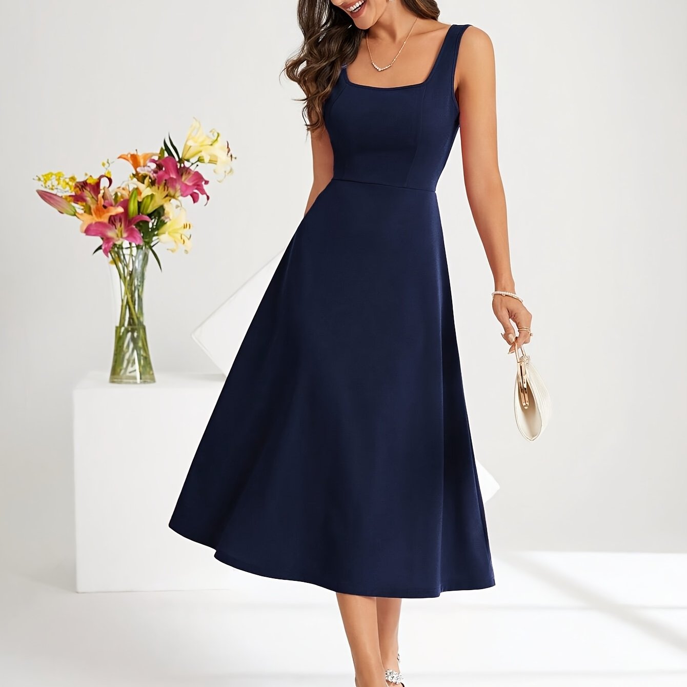 Valenzora | Elegant dress with straps, dark blue color