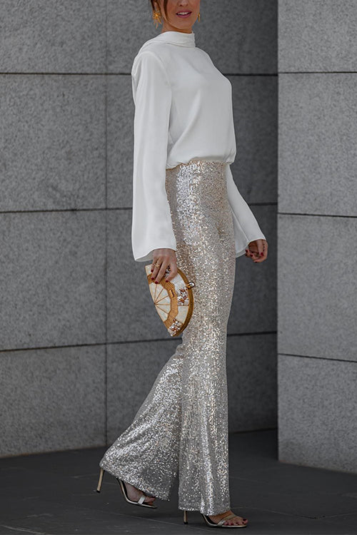 Valenzora | Elastic waistband flared trousers, stretchy sequined trousers
