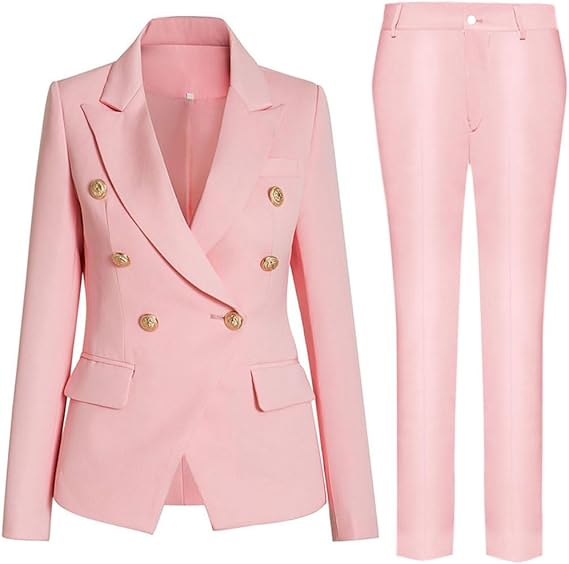 Women's elegant business suit set with double button placket and slim fit, size