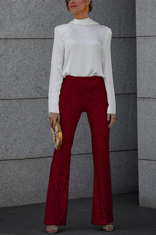 Valenzora | Elastic waistband flared trousers, stretchy sequined trousers