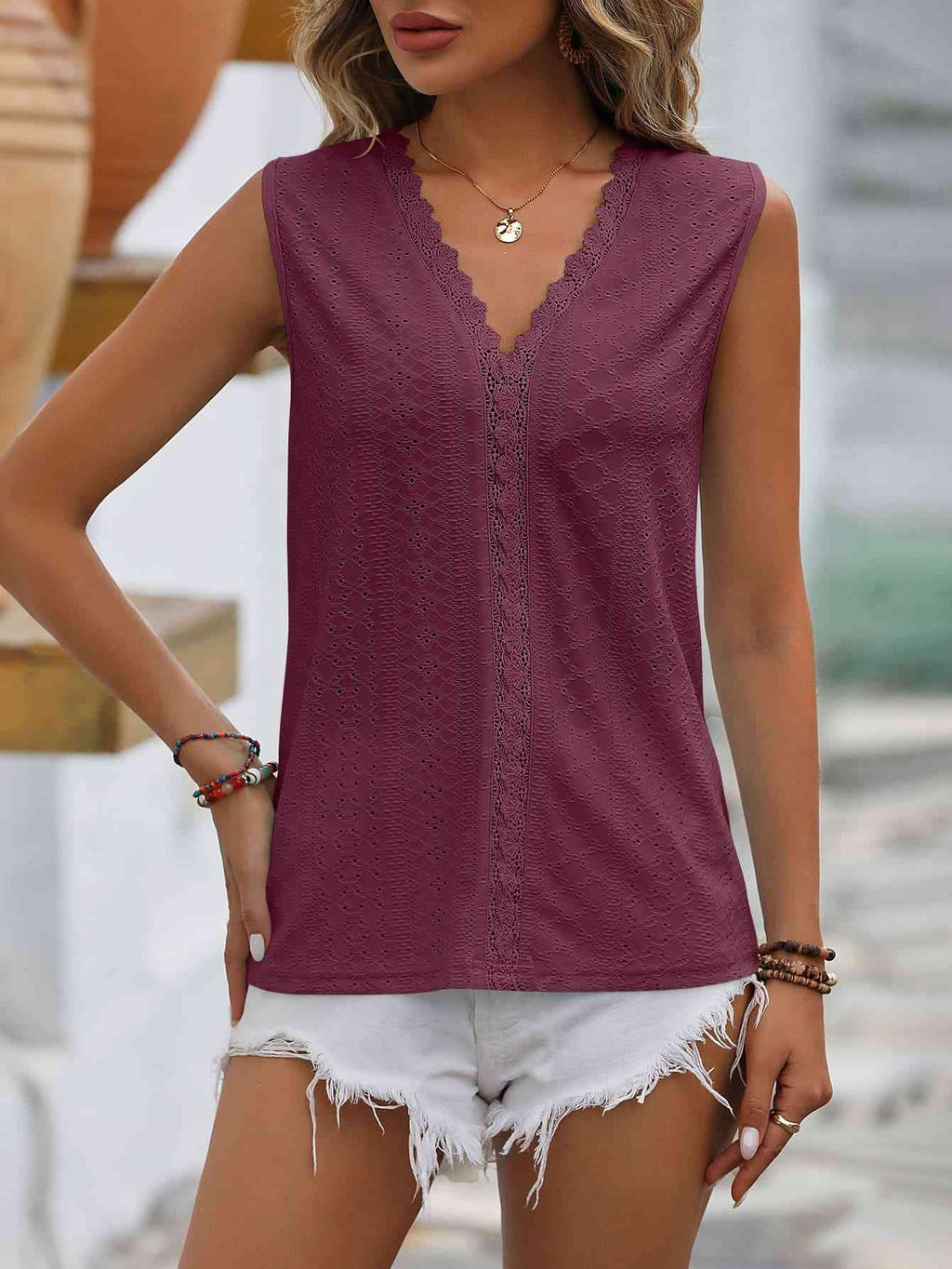 Valenzora | Split Lace V-Neck Sleeveless Shirt