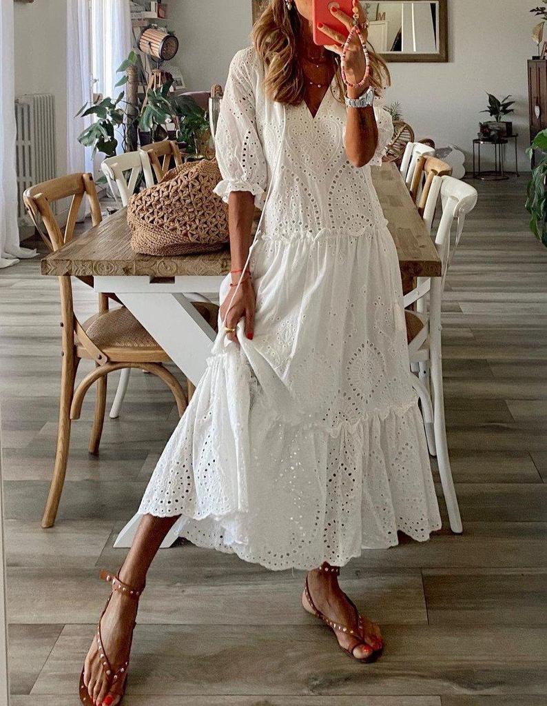 Valenzora | Romantic White Short-Sleeve Maxi Dress