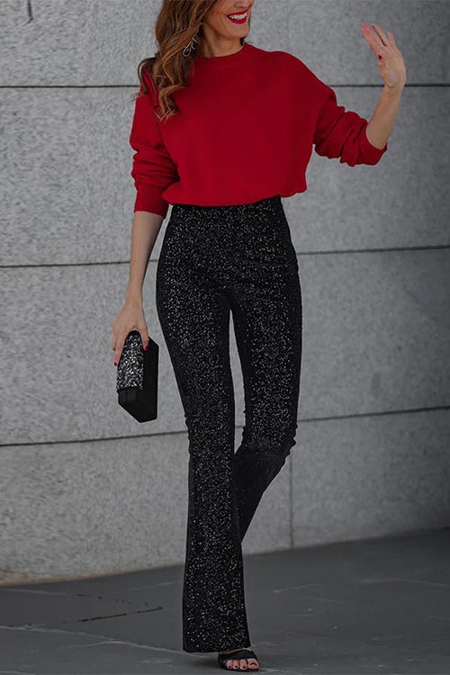 Valenzora | Elastic waistband flared trousers, stretchy sequined trousers