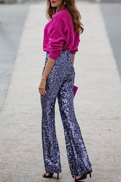 Valenzora | Elastic waistband flared trousers, stretchy sequined trousers