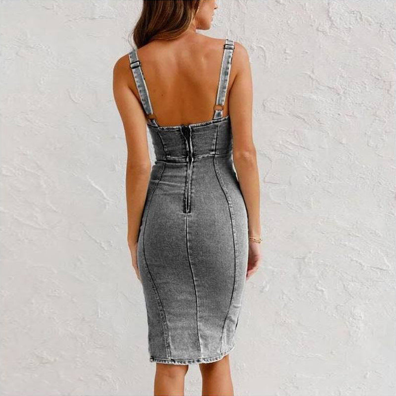 Valenzora Jeanskleid mit U-Boot-Ausschnitt – Sommerliches, legeres, figurbetontes Slim-Fit-Kleid mit Schlitz-Design