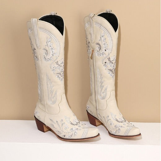 Valenzora | Bestickte Western-Denim-Retro-Kniehohe Stiefel für Damen