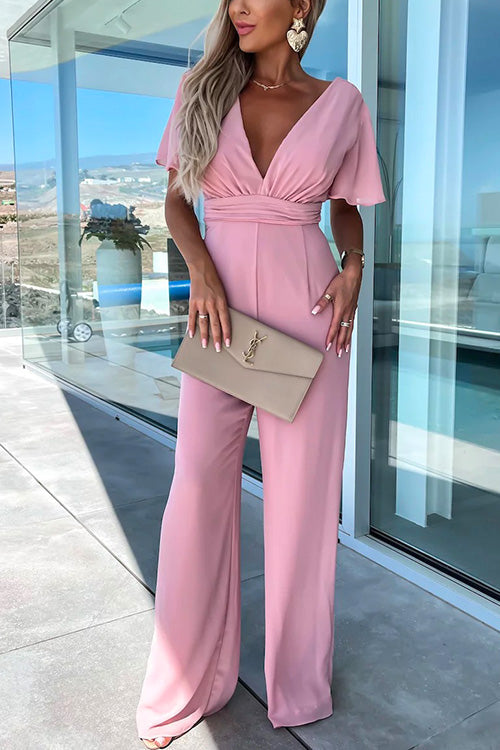 Valenzora | Rosiedress Jumpsuit mit tiefem V-Ausschnitt, Rüschenärmeln, hoher Taille und weitem Bein