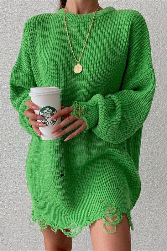 Valenzora Ripped O Neck Oversized Sweater Dress