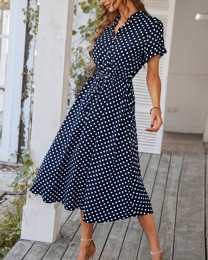 Valenzora | Dress with polka dot drawstring and button placket