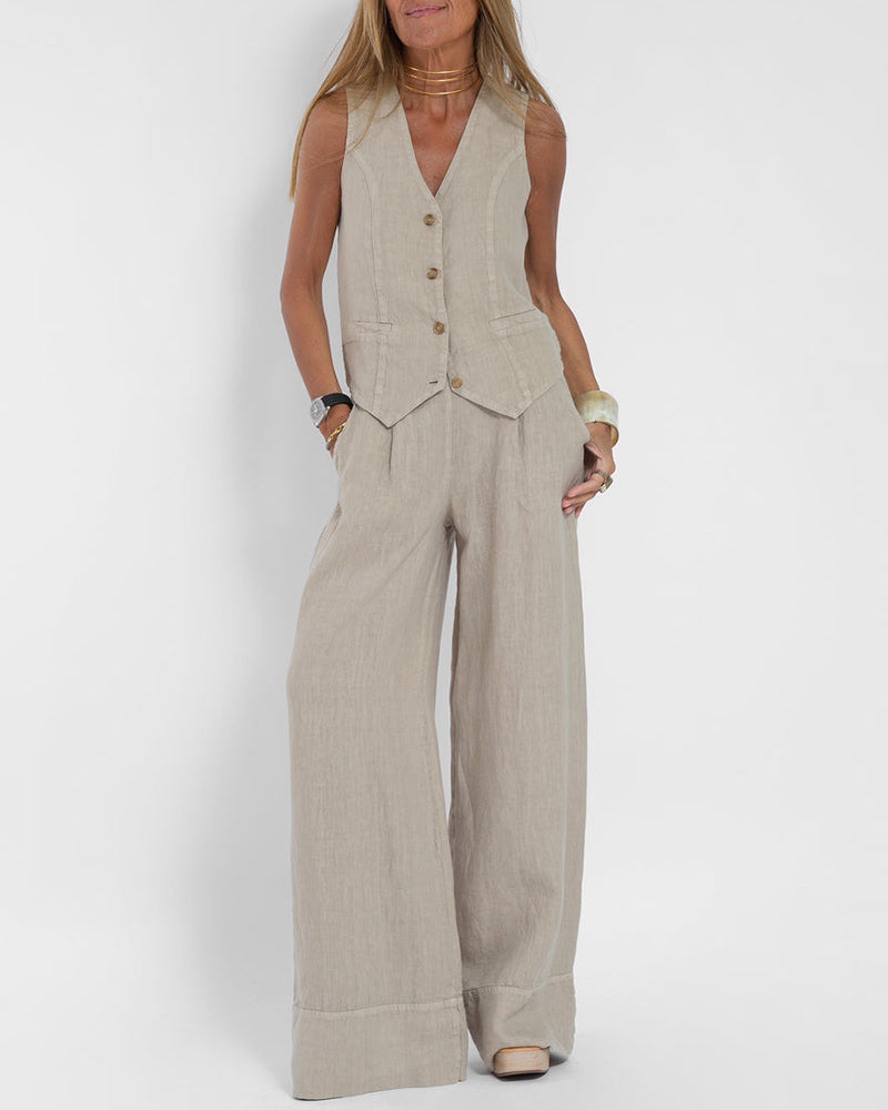 Valenzora | Elegantes 2-teiliges Leinen-Set: weite Hose & Weste