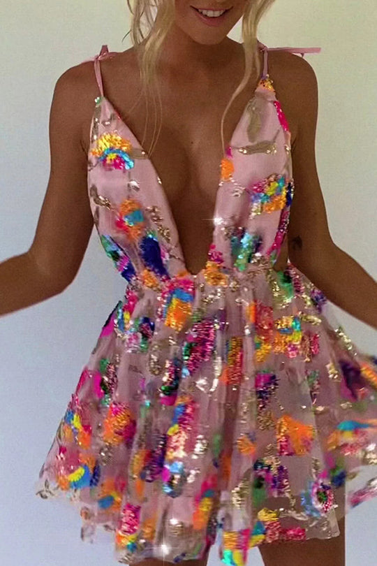 Valenzora | V-Ausschnitt Offener Rücken Pailletten Blumen Bindekleid A-Linie Minikleid