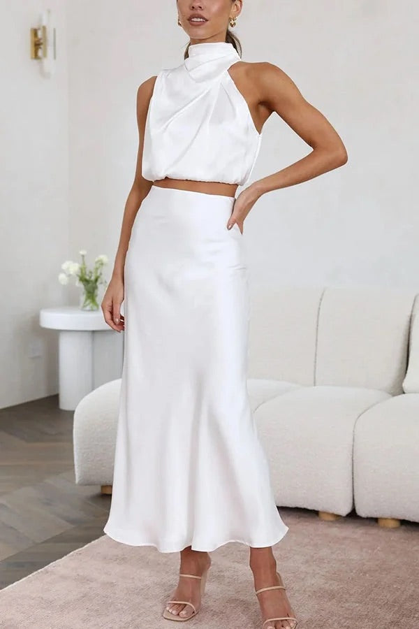 Valenzora | Such a mood High-necked satin draped maxi skirt set