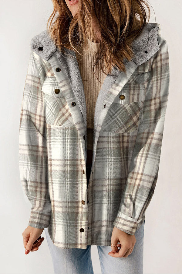 Valenzora | Snap Button Sherpa Fleece Lined Hooded Flannel Jacket