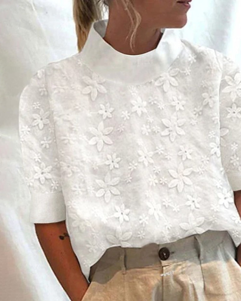 Valenzora | Top with embroidered, solid-color stand-up collar