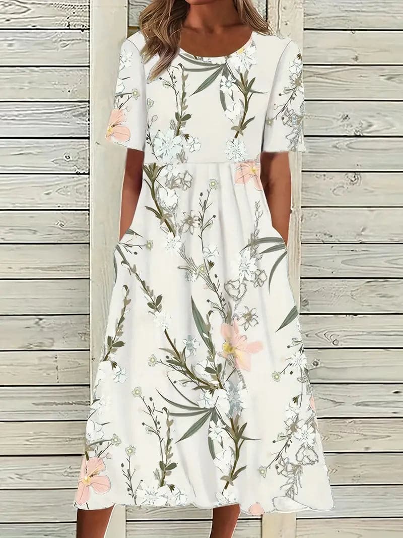 Valenzora | Midikleid mit Blumenmuster, Rundhalsausschnitt, kurzen Ärmeln, luftig und bequem