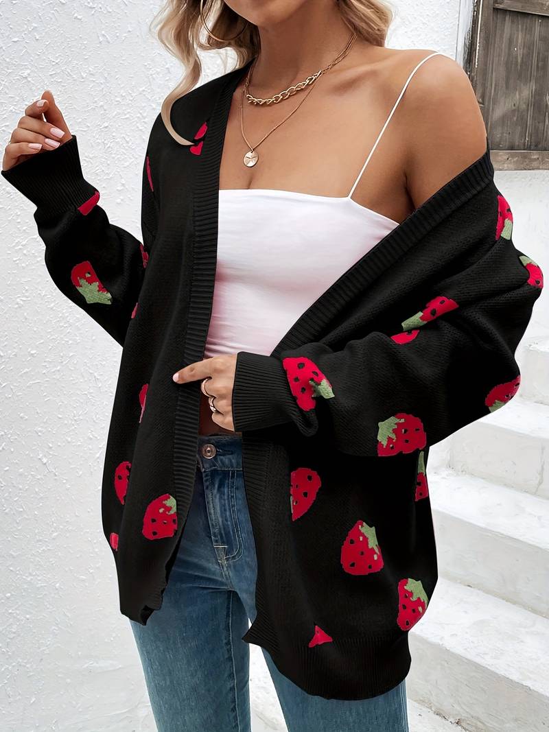 Langärmliger Cardigan mit Erdbeermuster für Herbst und Frühling